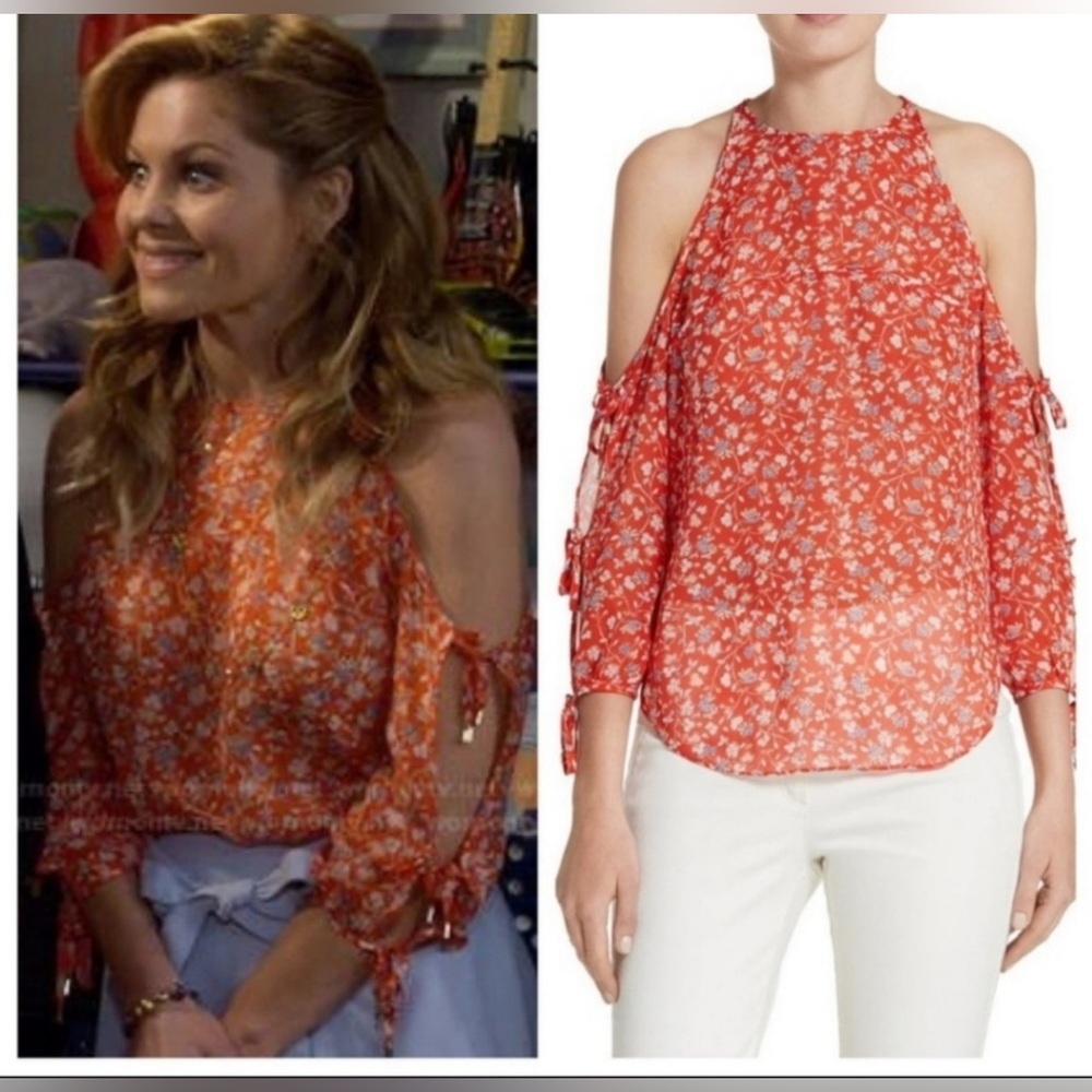 Veronica Beard Flynn Bow Cold Shoulder Blouse - Size 10 - Multi 100% SILK